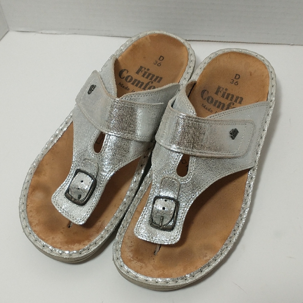 Finn Comfort Metallic Silver Sandals, Phuket, Size‎ 36D, US 5, Made In Germany